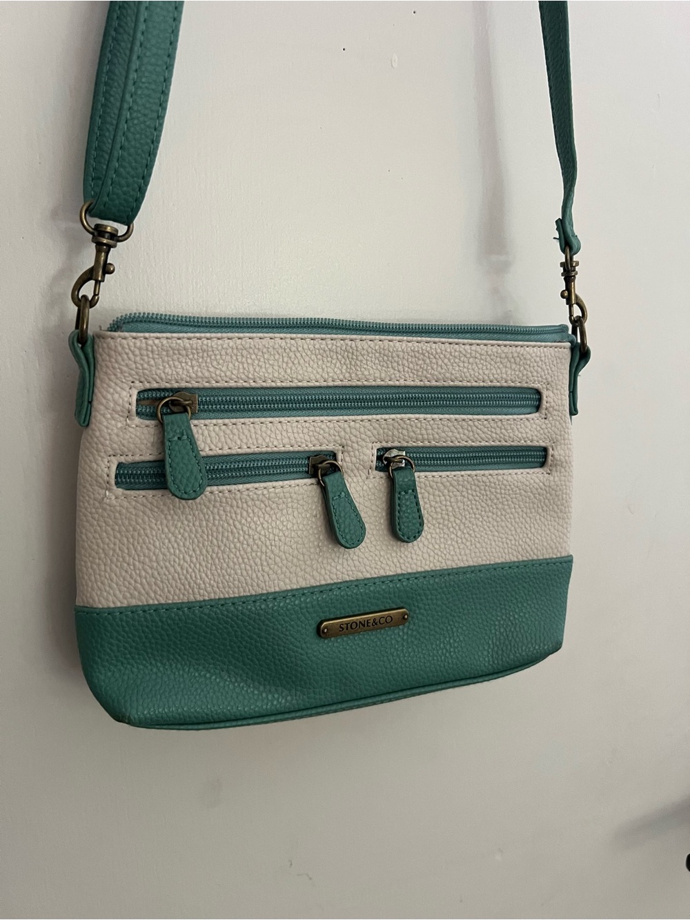 Stone & Co. Teal and Cream Pebbled Leather Crossbody